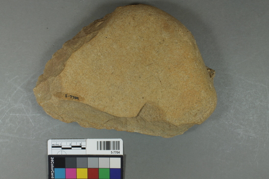 Hearst Museum object titled Handaxe, accession number 5-7704, described as handaxe; unifacial; most of cortex shaving