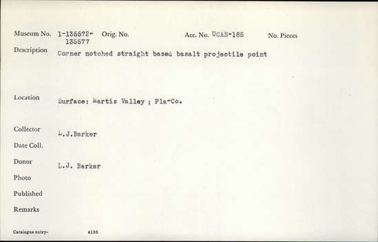 Documentation associated with Hearst Museum object titled Projectile point, accession number 1-135574, described as Convex-based side-notched basalt projectile point.