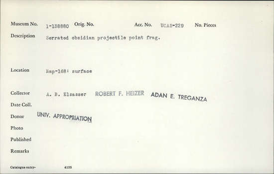 Documentation associated with Hearst Museum object titled Point, accession number 1-138880, described as obsidian point frag.