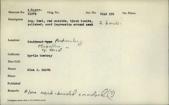 Documentation associated with Hearst Museum object titled Bowl, accession number 2-21878, described as Large bowl, red outside, black inside, polished, cord impression around neck.