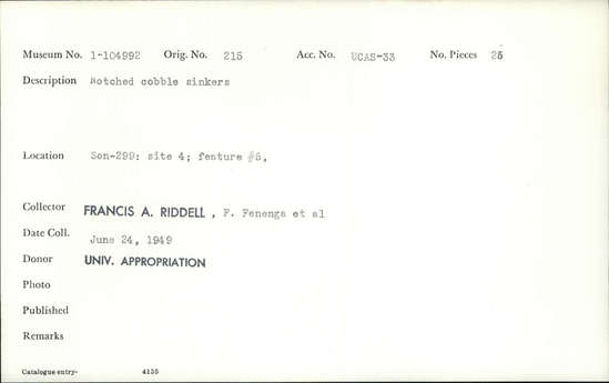 Documentation associated with Hearst Museum object titled Sinkers, accession number 1-104992, described as Notched cobble sinkers.