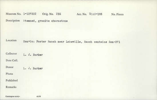 Documentation associated with Hearst Museum object titled Charmstone, accession number 1-137332, described as Granite charmstone, stemmed.