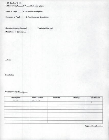 Documentation associated with Hearst Museum object titled Human remains, accession number 12-560A, described as 1 cranial fragment and 1 post-cranial fragment.