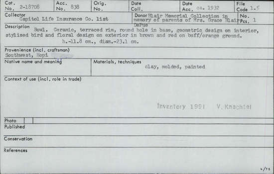 Documentation associated with Hearst Museum object titled Bowl, accession number 2-18708, described as Ceramic, terraced rim, round hole in base, geometric design on interior, stylized bird and floral design on exterior in brown and red on buff/orange ground. Molded and painted.