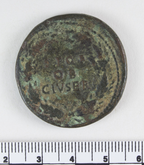 Hearst Museum object 7 of 8 titled Coin: æ sestertius, accession number 8-4001, described as Coin; AE; Sestertius; Roman. Galba, 68-69 AD. Obverse: SER GALBA IMP CAES AVG, Bust r. laureate and draped. Reverse: SPQR/OB/CIV SER in oak wreath