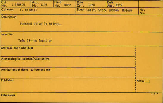 Documentation associated with Hearst Museum object titled Shell fragments, accession number 1-258595, described as Punched olivella halves, not counted.