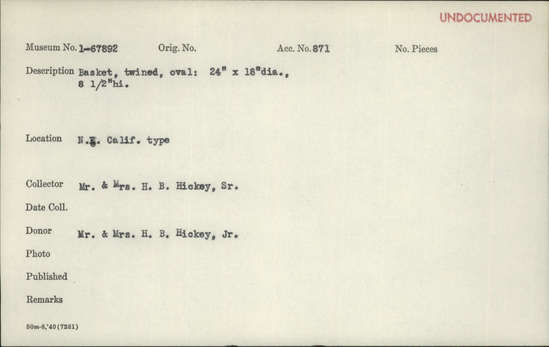 Documentation associated with Hearst Museum object titled Basket, accession number 1-67892, described as Twined basket, oval. Per Ralph Shanks:  Plain twined.  Start is plain twined over two warps.  Reinforced rim made of wrapped warp sticks.  Rim has damage in several places.  Conifer root weft with beargrass overlay.  Black designs are probably maidenhair fern.  Designs include a band of designs around rim, and then diagonal parallelograms.