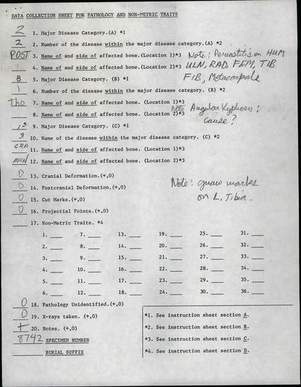 Documentation associated with Hearst Museum object titled Human remains, accession number 12-8742(0), described as Remains of one middle adult (35 year old) male.