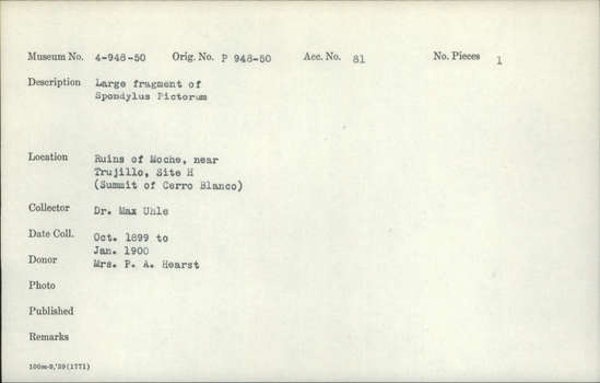 Documentation associated with Hearst Museum object titled Shell fragment, accession number 4-948, described as Large fragment of Spondylus pictorum.