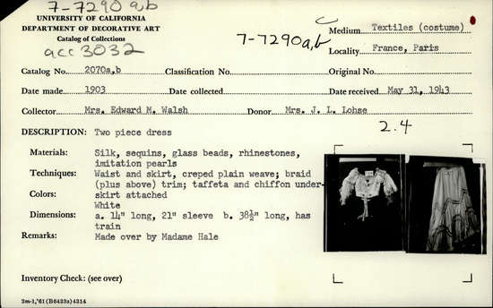 Documentation associated with Hearst Museum object titled Bodice and skirt, accession number 7-7290a,b, described as a.) bodice - cummerbund effect with three tucks, rounded point in front. Front decorated with three appliqued panels. bodice made of embroidered net, decorated with silk (the reverse of the skirt). Neckline is loose falling chiffon petals with clear sequin beads (metallic, crystal, pearlescent) with drawstring cord. bodice fastens in back with hooks and eyes. Elbow length sleeves with large panels of silk trimmed with net, lace edging. Decorative knots on outside of sleeve with silk fringe and smaller knots. Center back has bow of waistline fabric with sequin and beaded medallions, more fringe, knotting and macrame in 3 textures and colors (cream and ivory)  front 13", back 10.5"  b.) skirt - crepe de chine, cuts with embroidered net to give insert illusion, appliques to simulate insertion. lining with 2 flounces of sheer silk plainweave, pleated flounce of silk taffeta. Long train. Decorative darts at sides and back down to hip line in 1/2 ". Fastens center back with hook and eye, snaps. small slits in top of skirt. Front waist to hem 40", back 59.5