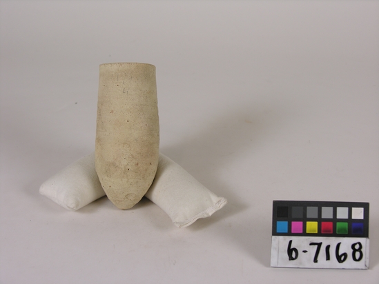 Hearst Museum object titled Beer cup, accession number 6-7168, described as Pottery: deep pointed-bottomed buff cup; ld 5 cm, height 14 cm.