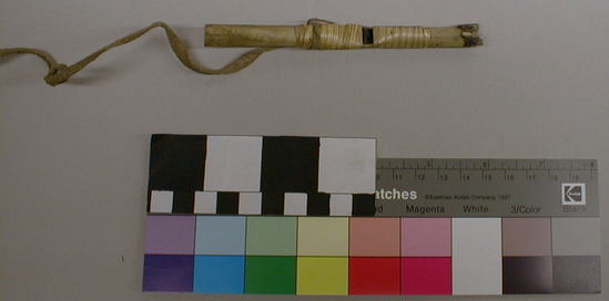 Hearst Museum object 2 of 4 titled Whistle, accession number 1-9304a,b, described as Bone, wrapped in natural color fiber in bands near center. Black mastic plug at distal end. (a) joined to (b) by leather thong.