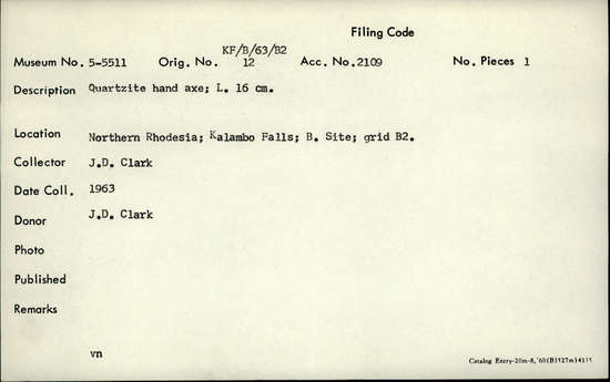 Documentation associated with Hearst Museum object titled Handaxe, accession number 5-5511, described as Quartzite hand axe; L. 16 cm