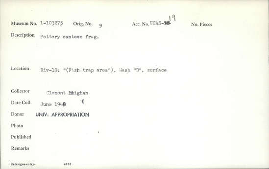 Documentation associated with Hearst Museum object titled Canteen fragment, accession number 1-103275, described as Pottery.