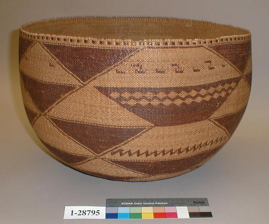 Hearst Museum object titled Basket, accession number 1-28795, described as Twined. Overlay design in brown triangle.