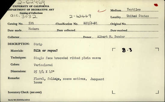 Documentation associated with Hearst Museum object titled Textile sample, accession number 2-62469, described as Strip; silk or rayon?, single face brocaded ribbed plain weave, varicolored, floral, foliage and scene motives, Jacquard looms