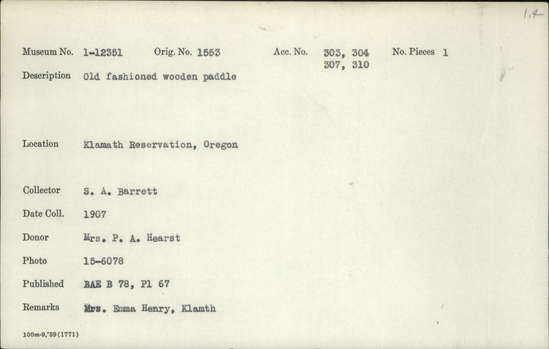Documentation associated with Hearst Museum object titled Paddle, accession number 1-12351, described as Old fashioned wooden paddle.