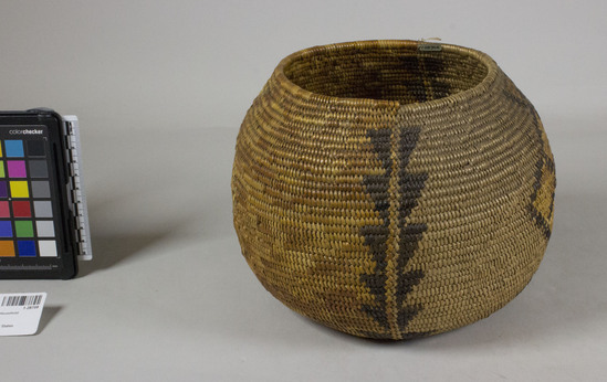 Hearst Museum object 3 of 3 titled Bowl basket, accession number 1-28708, described as Coiled basketry bowl.  Black and brown design.