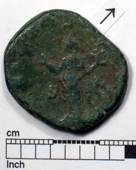 Hearst Museum object 3 of 5 titled Coin: æ sestertius, accession number 8-6497, described as Coin: Sestertius; Æ; Uncertain - 14.0 gm.