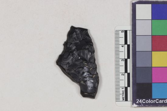 Hearst Museum object 1 of 2 titled Projectile point fragment, accession number 16-14362, described as Projectile point fragment; obsidian; triangular; weight: 9.94 grams; length: 4.9 cm; width: 3.2 cm; depth: 0.72 cm; convex sides; broken base.