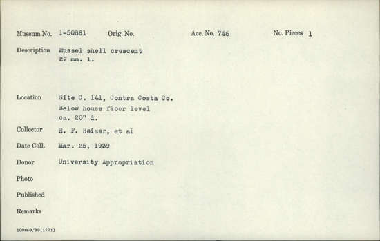 Documentation associated with Hearst Museum object titled Fishhook or ornament, accession number 1-50881, described as Mussel shell crescent