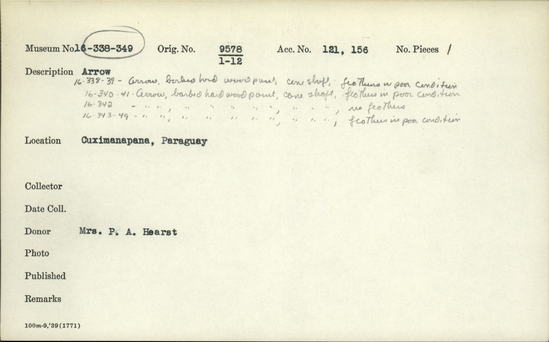 Documentation associated with Hearst Museum object titled Arrow, accession number 16-342, described as Arrow, barbed hardwood point, cane shaft, no feathers.