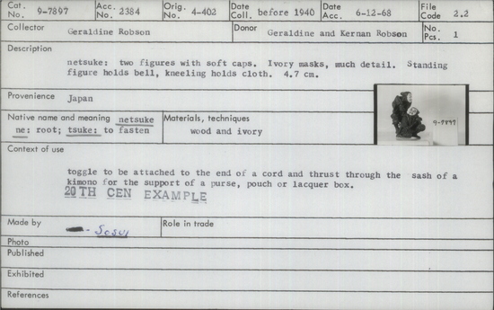 Documentation associated with Hearst Museum object titled Netsuke, accession number 9-7897, described as Netsuke: two figures with soft caps. Ivory masks, much detail. Standing figure holds bell, kneeling holds cloth.