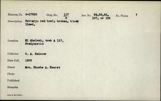 Documentation associated with Hearst Museum object titled Broken bowl, accession number 6-17830, described as pottery: red bowl; broken, black lined