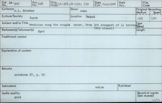 Documentation associated with Hearst Museum object titled Audio recording, accession number 24-905, described as Medicine Song for rough water from 3rd youngest (9th oldest) of 11 brothers