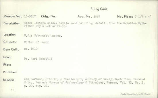 Documentation associated with Hearst Museum object titled Glass lantern slide, accession number 13-5317, described as Glass lantern slide; Navajo sand painting; detail; from the Creation Myth-Father Sky & Mother Earth