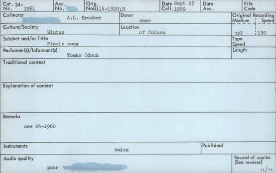 Documentation associated with Hearst Museum object titled Audio recording, accession number 24-1961, described as Pinole Song
