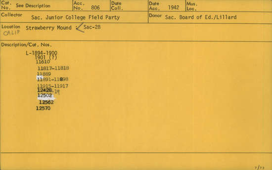 Documentation associated with Hearst Museum object titled Projectile point, accession number L-12562, described as Arrowhead