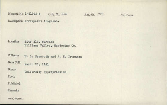 Documentation associated with Hearst Museum object titled Projectile point fragment, accession number 1-51964, described as Arrowpoint fragment