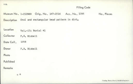 Documentation associated with Hearst Museum object titled Bead pattern, accession number 1-212969, described as Oval and rectangular bead pattern in dirt.