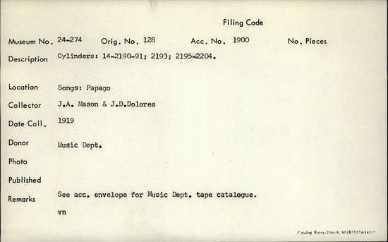 Documentation associated with Hearst Museum object titled Audio recording, accession number 24-274, described as Songs: Papago. See acc. envelope for music dept. tape catalogue. Cylinders: 14-2190-91, 2193, 2195-2204.