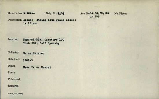 Documentation associated with Hearst Museum object titled Beads, accession number 6-13101, described as beads: string blue glaze discs; length 12 cm