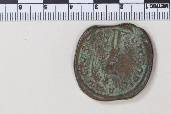 Hearst Museum object 6 of 8 titled Coin: æ sestertius, accession number 8-5655, described as Coin. Roman. Sestertius, Æ. (   grams; 34 mm). Severus Alexander. 222-231/5 AD. Rome. Obverse: IMP  SEV  ALEXANDER  AVG   Bust facing right, laureate. Reverse: VICTORIA AVGVSTI   Victory standing facing left, holding wreath and palm; S C in field.