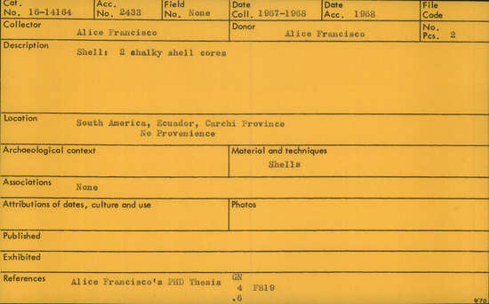 Documentation associated with Hearst Museum object titled Shell fragment, accession number 16-14164, described as Shell: 2 shalky shell cores