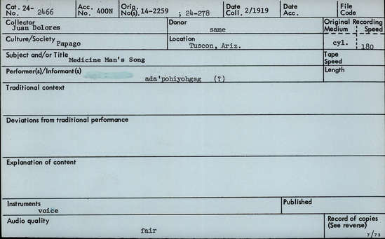 Documentation associated with Hearst Museum object titled Audio recording, accession number 24-2466, described as Medicine Man's Song