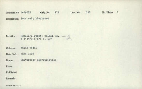 Documentation associated with Hearst Museum object titled Awl, accession number 1-29515, described as Bone; blackened.