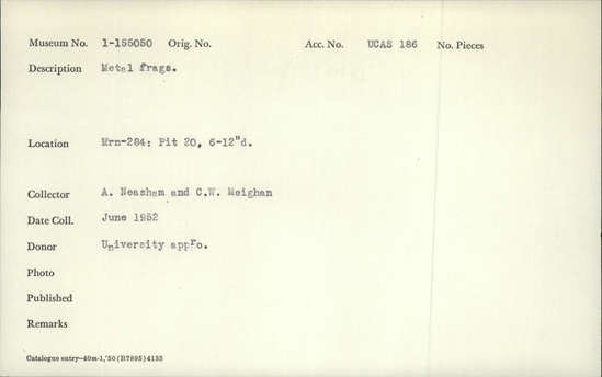 Documentation associated with Hearst Museum object titled Metal fragments, accession number 1-155050, described as Metal fragments.