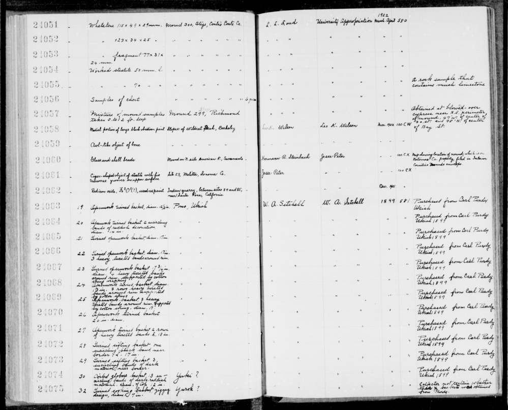 Documentation associated with Hearst Museum object titled Worked stone, accession number 1-24055, described as Worked steatite, a rock sample that contains much limestone