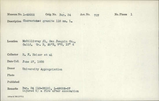 Documentation associated with Hearst Museum object titled Charmstone, accession number 1-49002, described as Granite charmstone