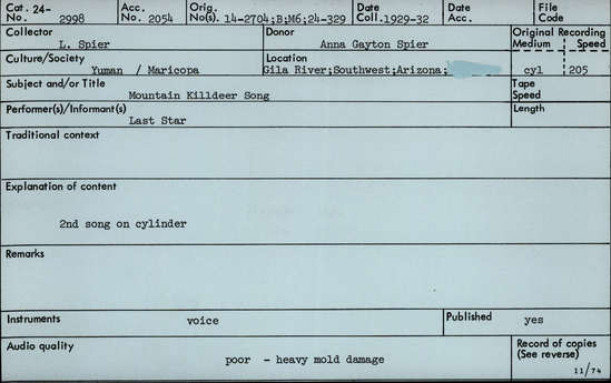 Documentation associated with Hearst Museum object titled Audio recording, accession number 24-2998, described as Mountain Killdeer Song