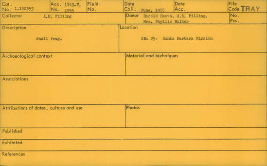 Documentation associated with Hearst Museum object titled Shell fragment, accession number 1-142259, described as Shell fragment.