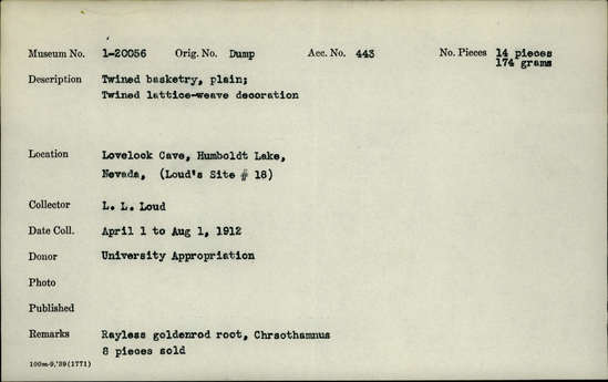 Documentation associated with Hearst Museum object titled Basketry fragments, accession number 1-20056.2, described as Twined basketry, plain. Lattice-weave decoration. Rayless goldenrod root, Chrsothamnus.