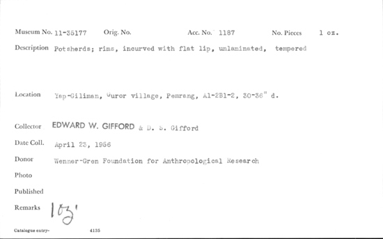 Documentation associated with Hearst Museum object titled Potsherd, accession number 11-35177, no description available.