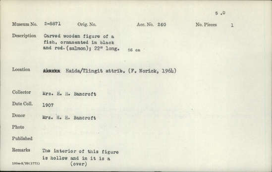 Documentation associated with Hearst Museum object titled Zoomorph, accession number 2-8871, described as Carved wooden figure of a fish, ornamented in black and red (salmon).  The interior of this figure is hollow and in it is a carved human figure.  The fish was made in two pieces and glued together.  Carving reference to story of fish which saved man by swallowing him and carrying him ashore inside its belly - Charles Brown, June 1964.