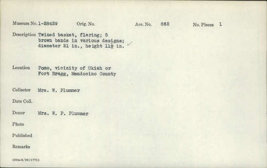 Documentation associated with Hearst Museum object titled Basket, accession number 1-28429, described as Twined, flaring.  5 brown bands in various designs.