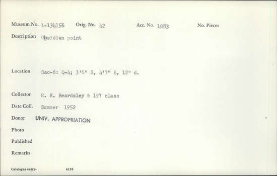 Documentation associated with Hearst Museum object titled Point, accession number 1-134156, described as Obsidian point.